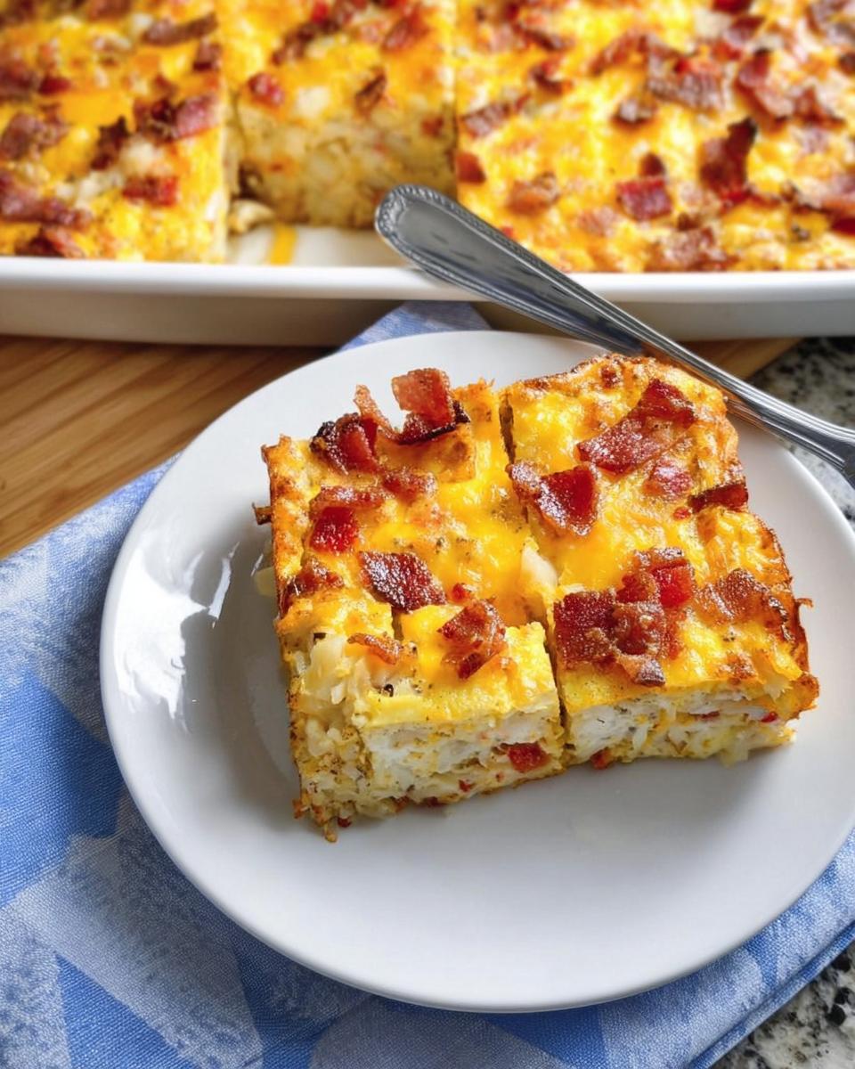 Two slices of a hearty breakfast casserole recipe topped with melted cheese and crispy bacon.