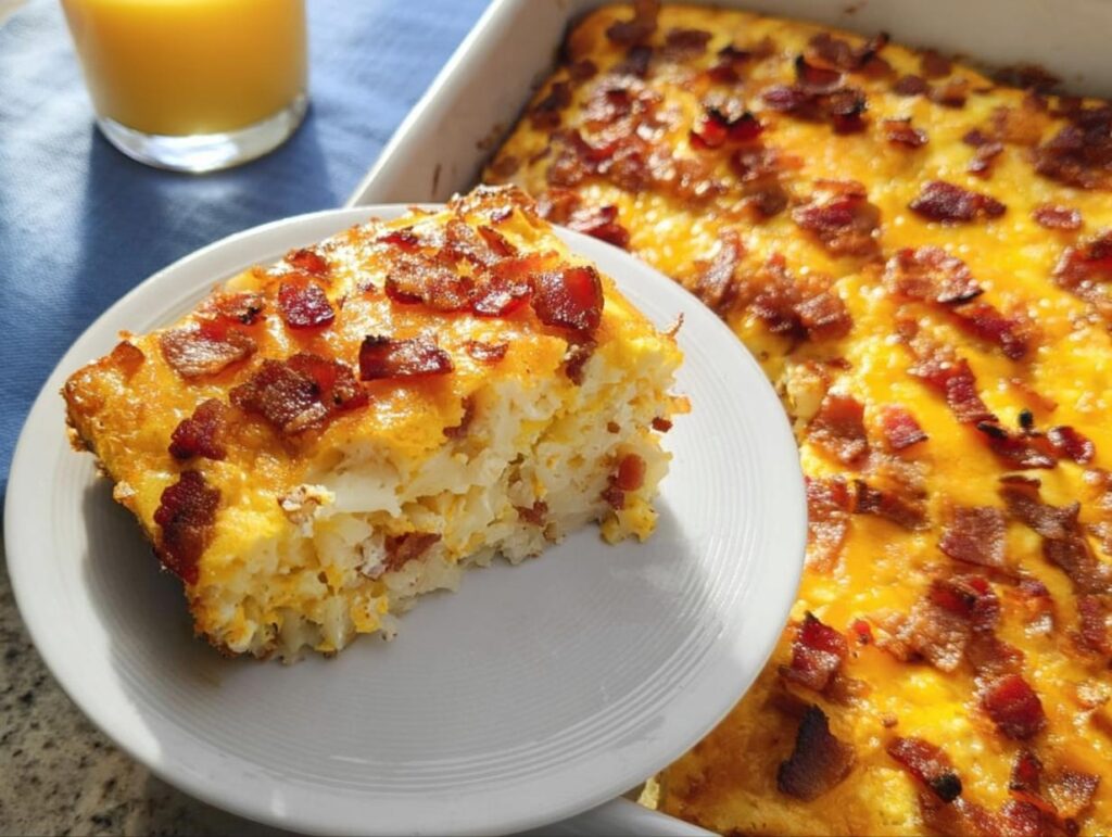 A slice of delicious breakfast casserole with eggs, cheese, and crispy bacon, part of The Only Breakfast Ideas Recipes Recipe You’ll Need (2025).