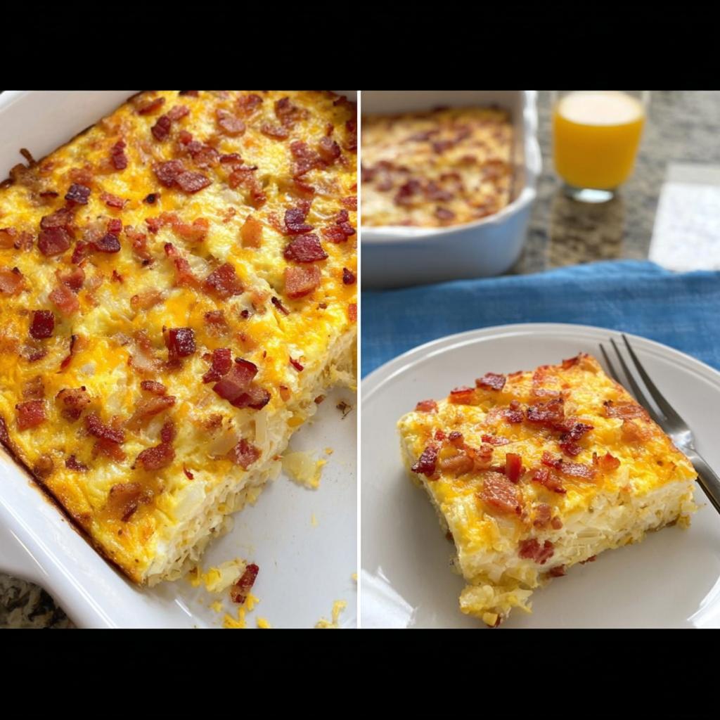 A hearty breakfast casserole with eggs, cheese, and bacon, served on a plate with a fork.