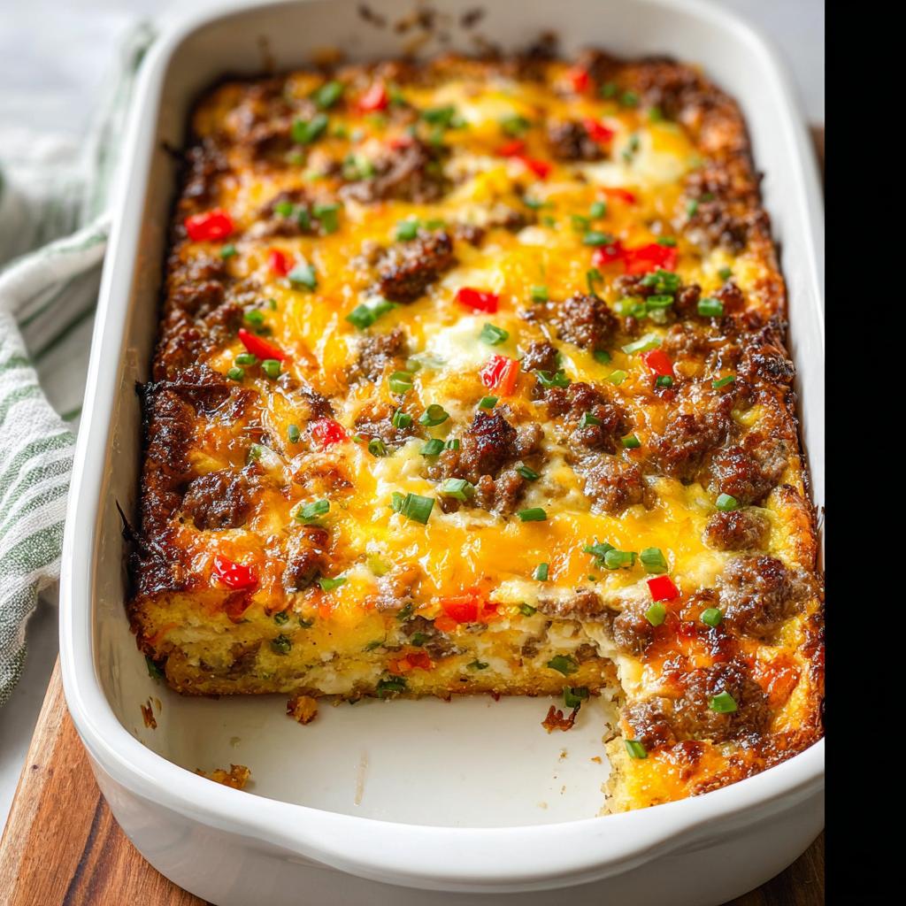A delicious breakfast casserole with sausage, cheese, and peppers, perfect for meal prep breakfast ideas recipes.