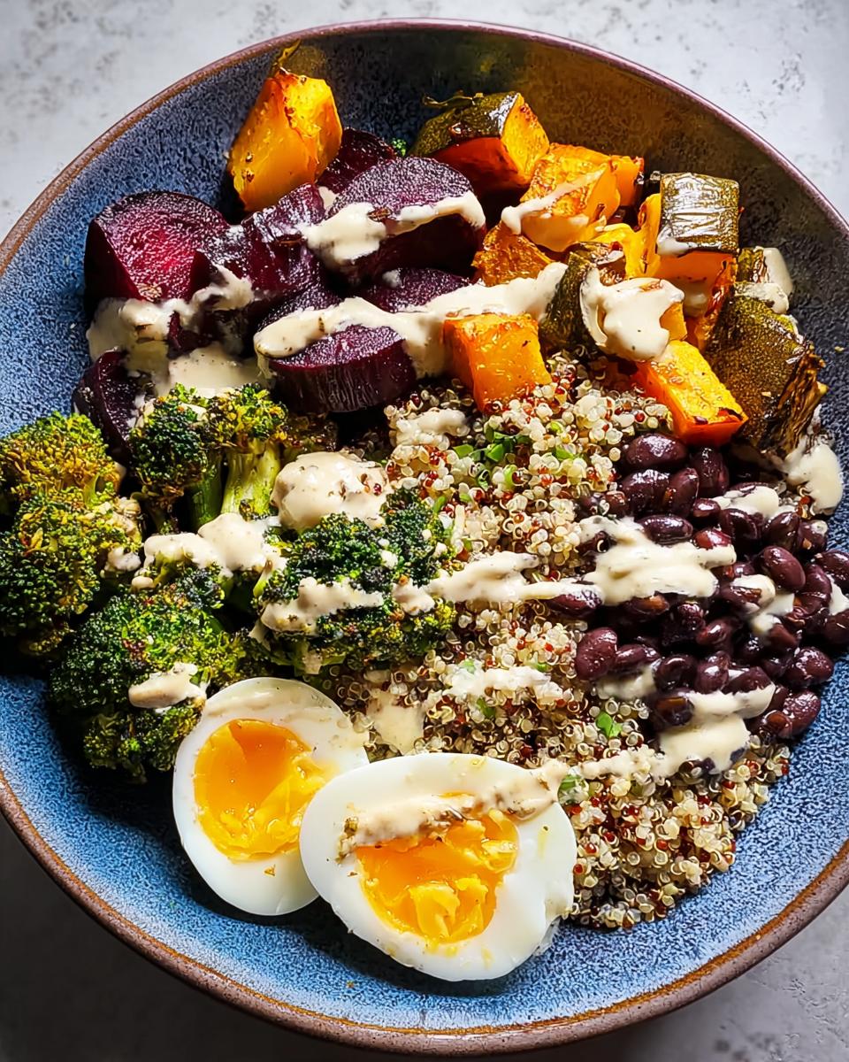 A colorful breakfast bowl filled with quinoa, black beans, roasted beets, butternut squash, broccoli, and a soft-boiled egg, drizzled with tahini dressing.