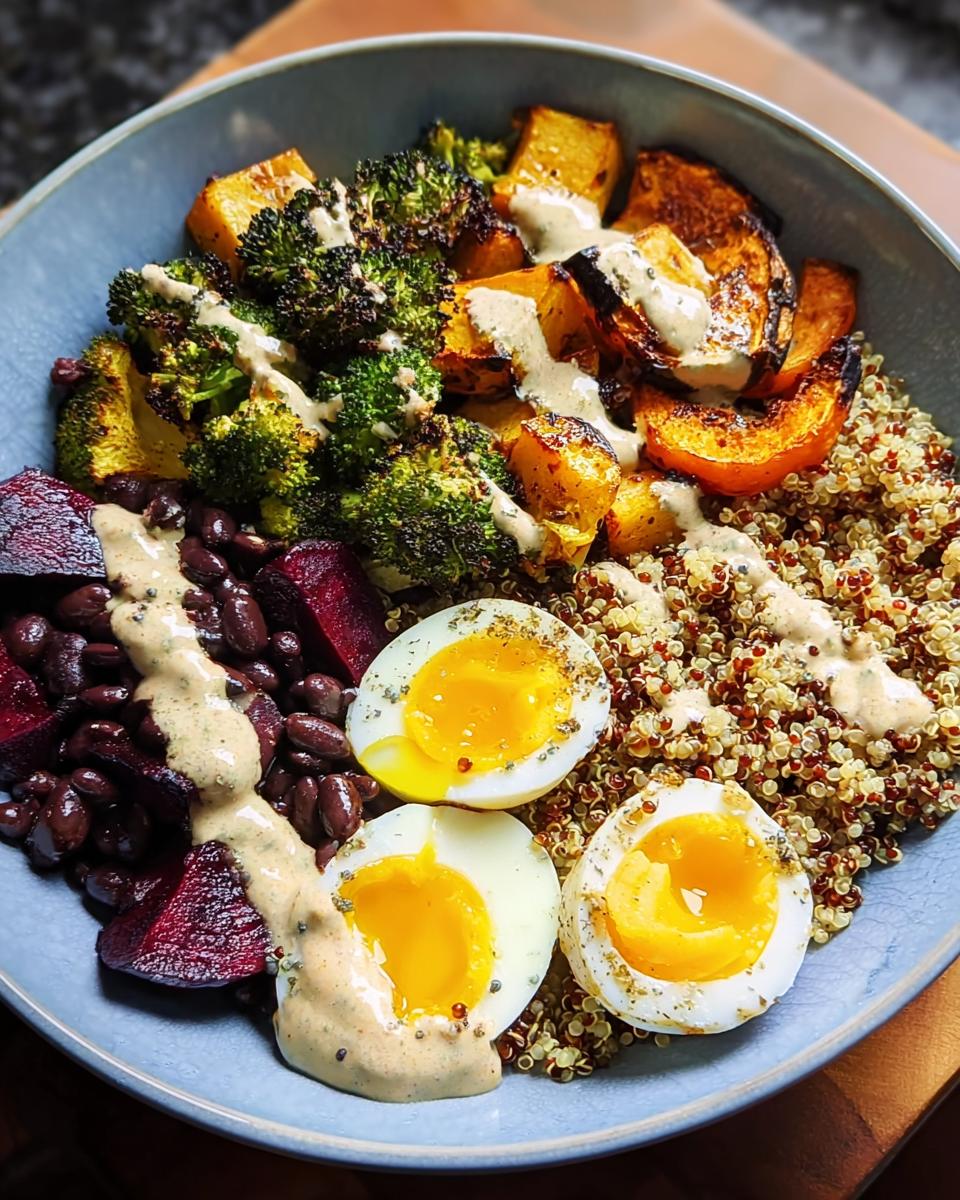 A vibrant bowl filled with quinoa, black beans, beets, roasted broccoli, squash, and soft-boiled eggs, drizzled with a creamy dressing. A perfect example of make-ahead breakfast ideas.