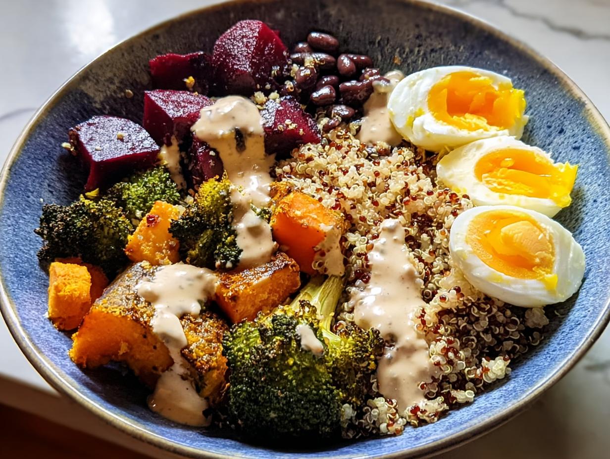 A vibrant breakfast bowl filled with quinoa, roasted sweet potatoes, broccoli, beets, black beans, and soft-boiled eggs, drizzled with a creamy sauce.