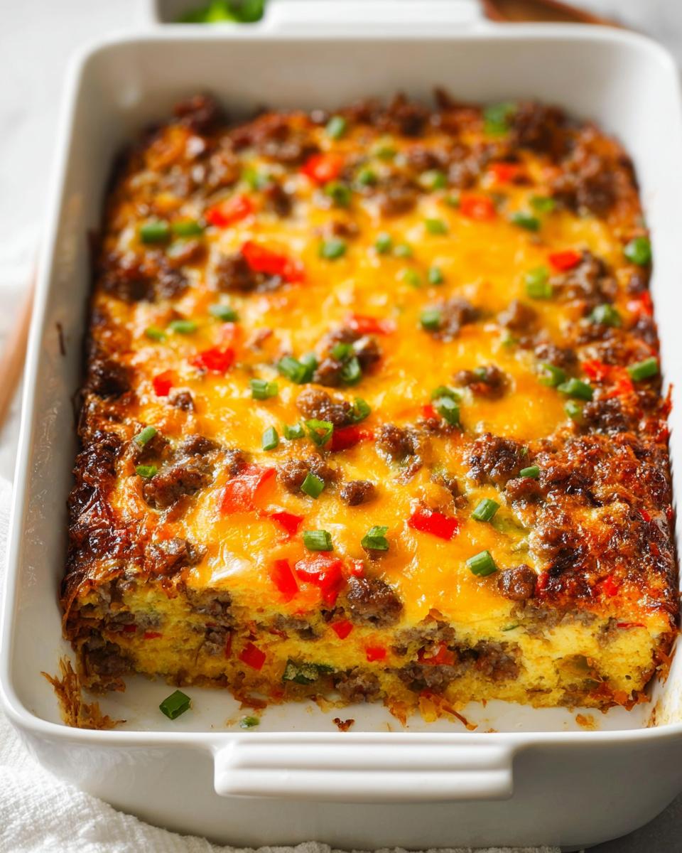 A hearty breakfast casserole with sausage, cheese, peppers, and chives, perfect for meal prep.