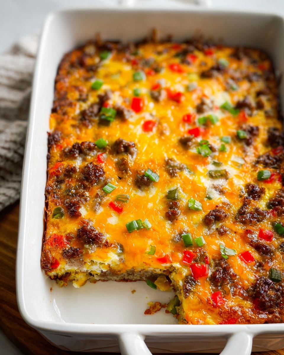 Close-up of a hearty breakfast casserole with sausage, cheese, and peppers, perfect for meal prep.