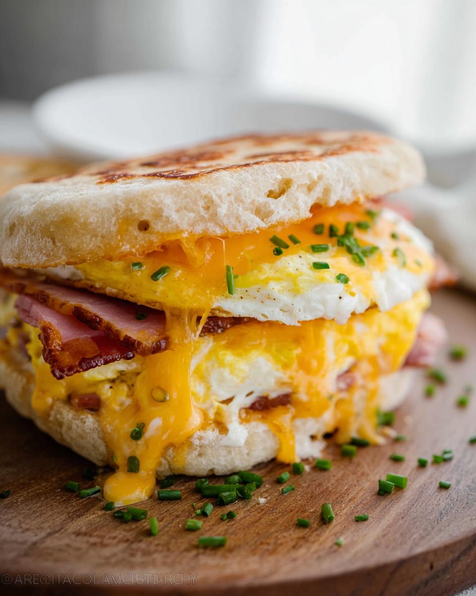 A close-up of a breakfast sandwich with egg, bacon, ham, and melted cheese on an English muffin, part of our Sandwich Ideas Recipe collection.