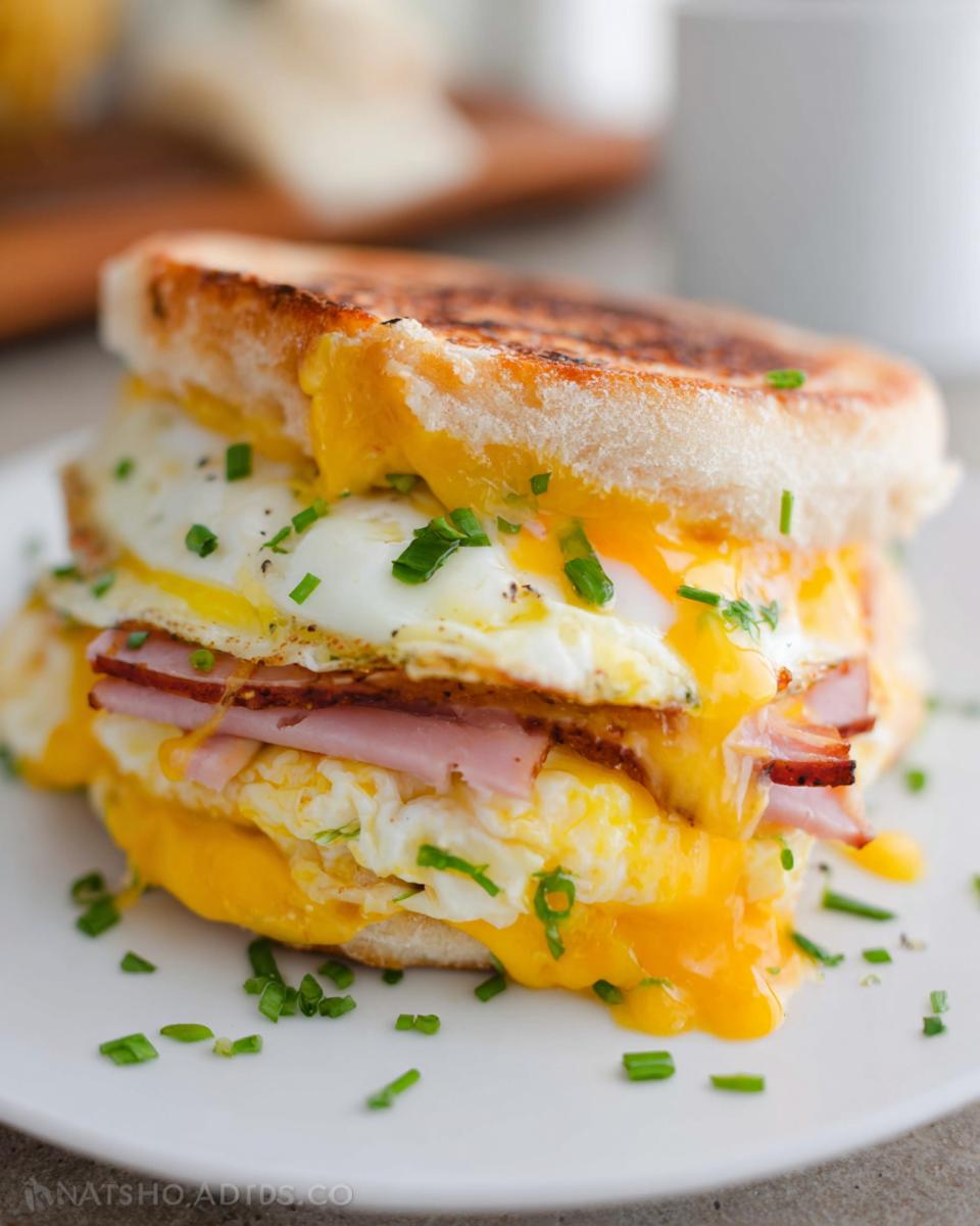 A close-up of a breakfast sandwich with fried eggs, ham, melted cheese, and chives on a toasted bun.