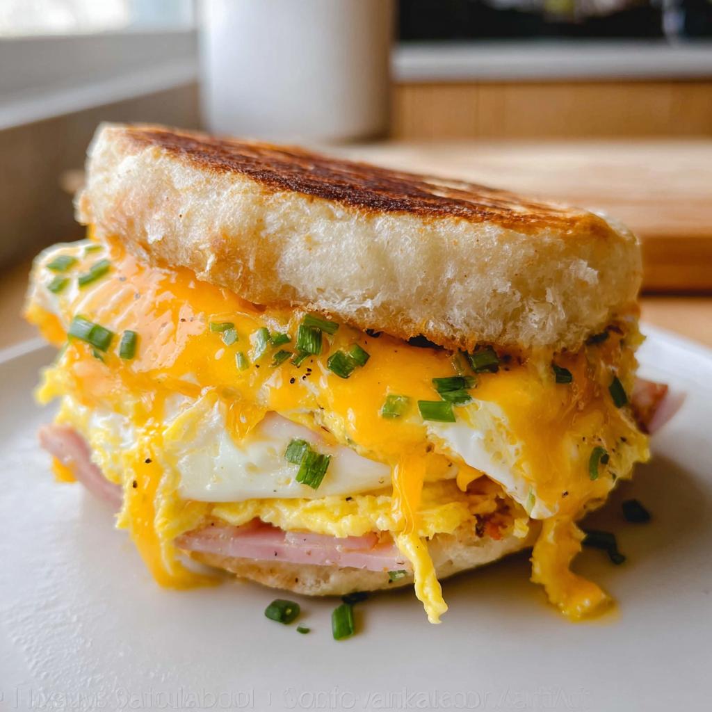 A mouthwatering breakfast sandwich with scrambled eggs, melted cheddar cheese, ham, and chives on a toasted bun.
