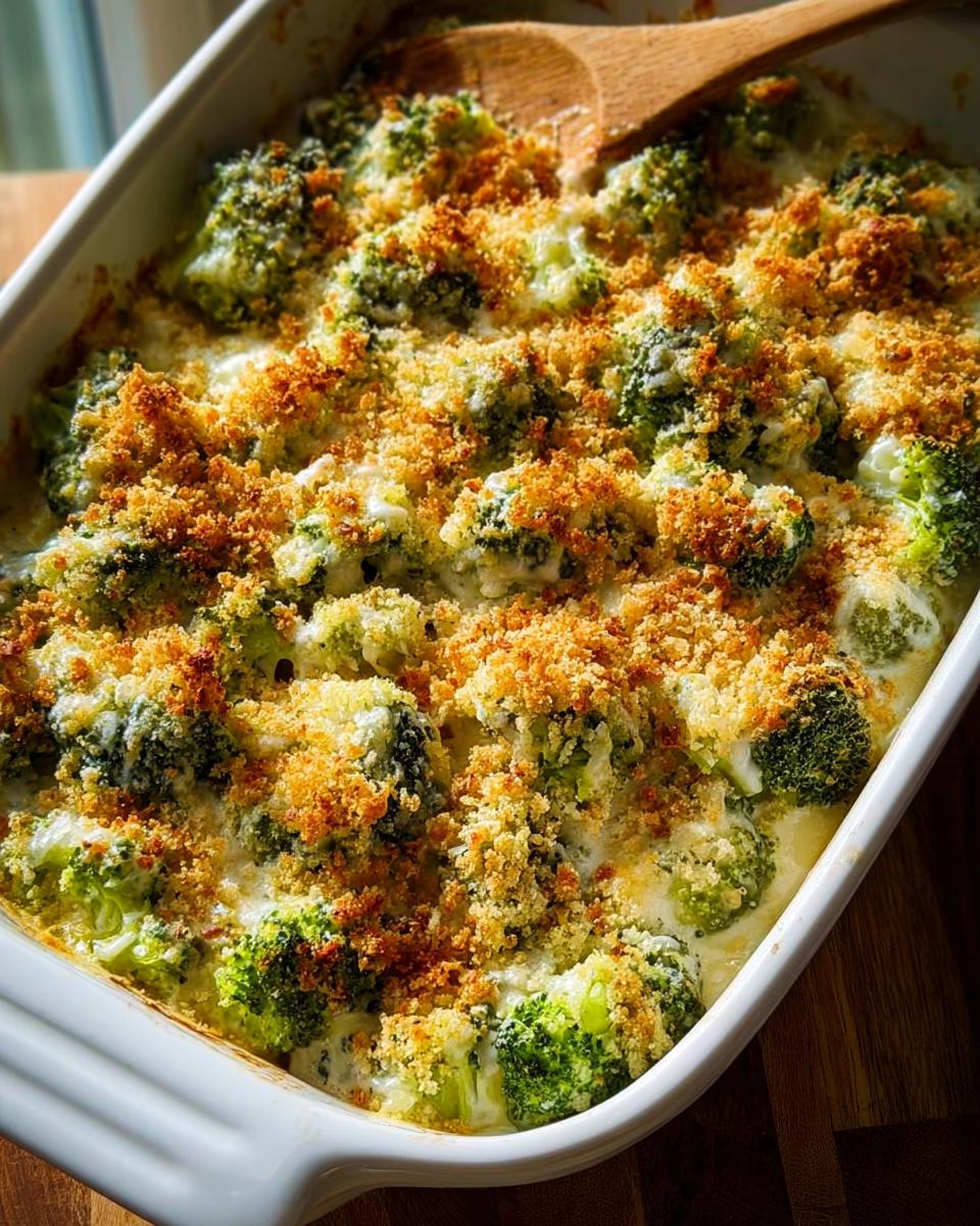 Close-up of a creamy broccoli casserole with a golden breadcrumb topping, a perfect veggie side dish.
