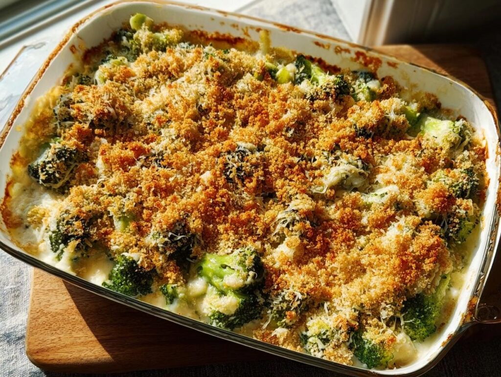 A bubbling hot broccoli casserole with a golden breadcrumb topping, a perfect veggie side dish.
