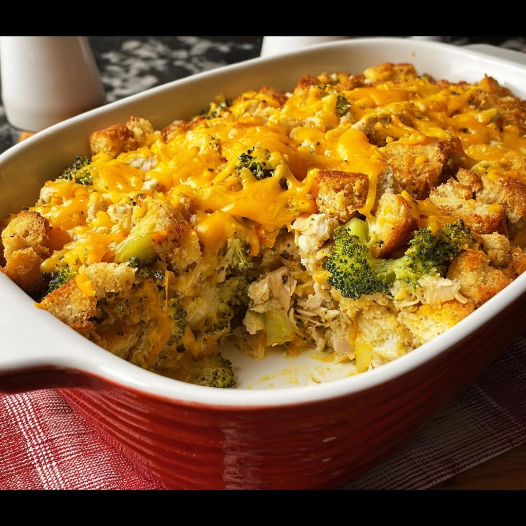 A close-up of a hearty broccoli chicken casserole topped with melted cheddar cheese and croutons.
