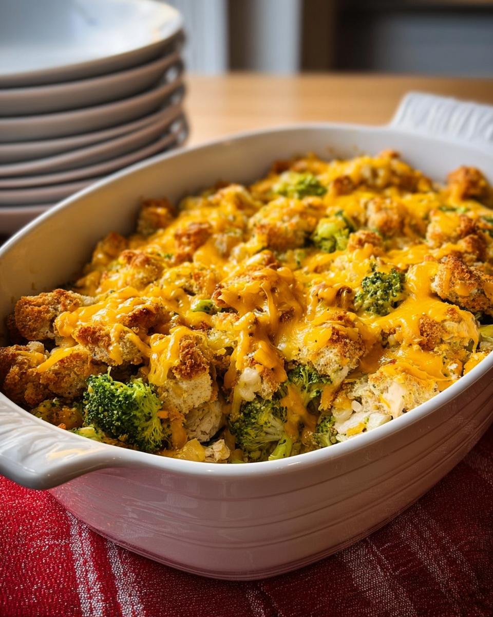 A golden-brown broccoli and chicken casserole topped with melted cheddar cheese and croutons, ready to serve.