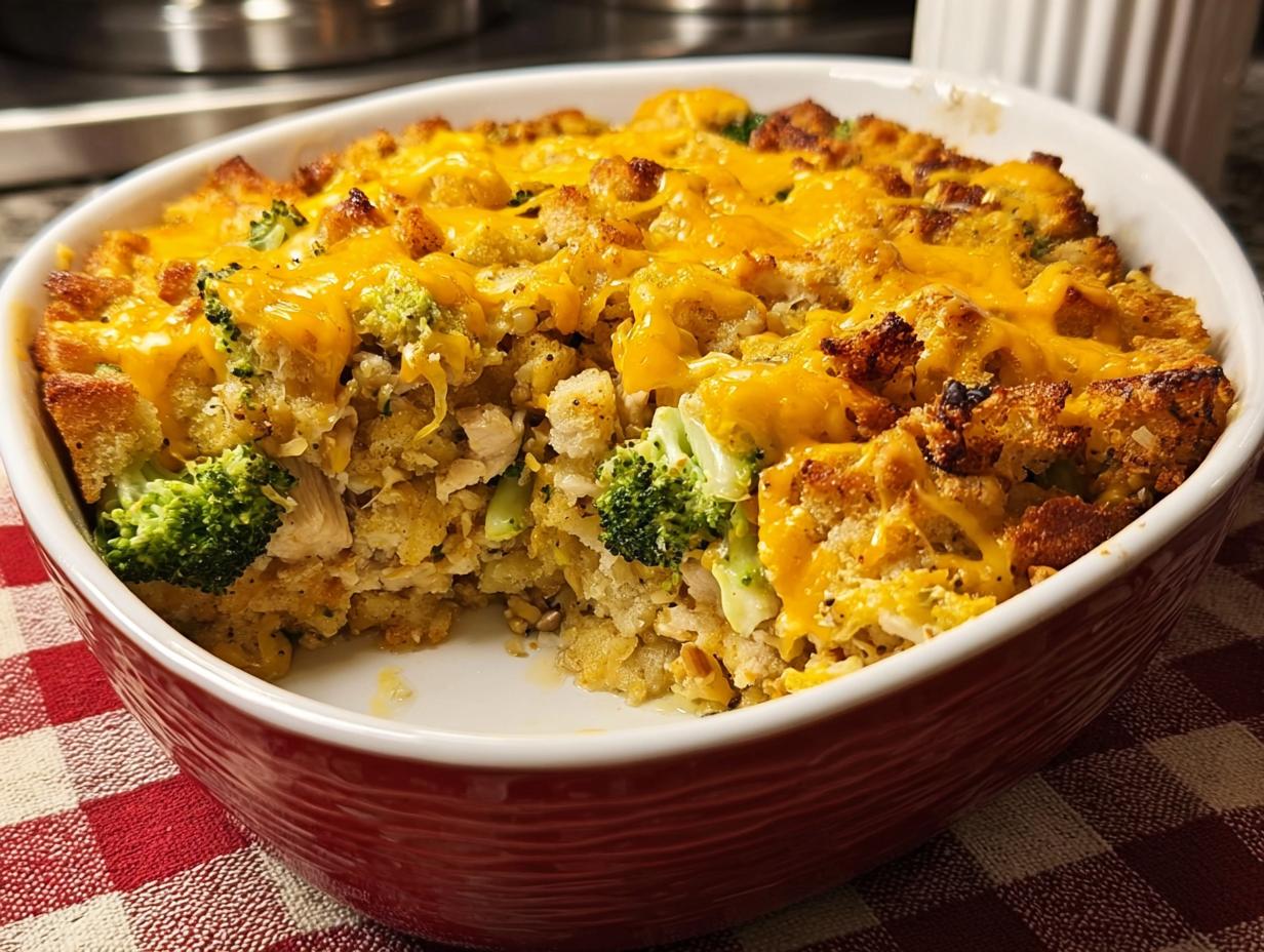 A delicious chicken recipe: a broccoli and chicken casserole topped with melted cheddar cheese and croutons.