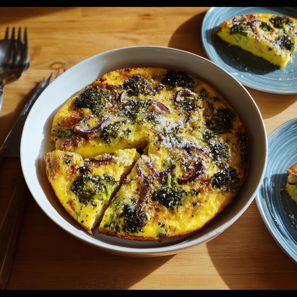 A golden-brown frittata with broccoli florets and red onion slices, a perfect egg recipe for busy weeknights.