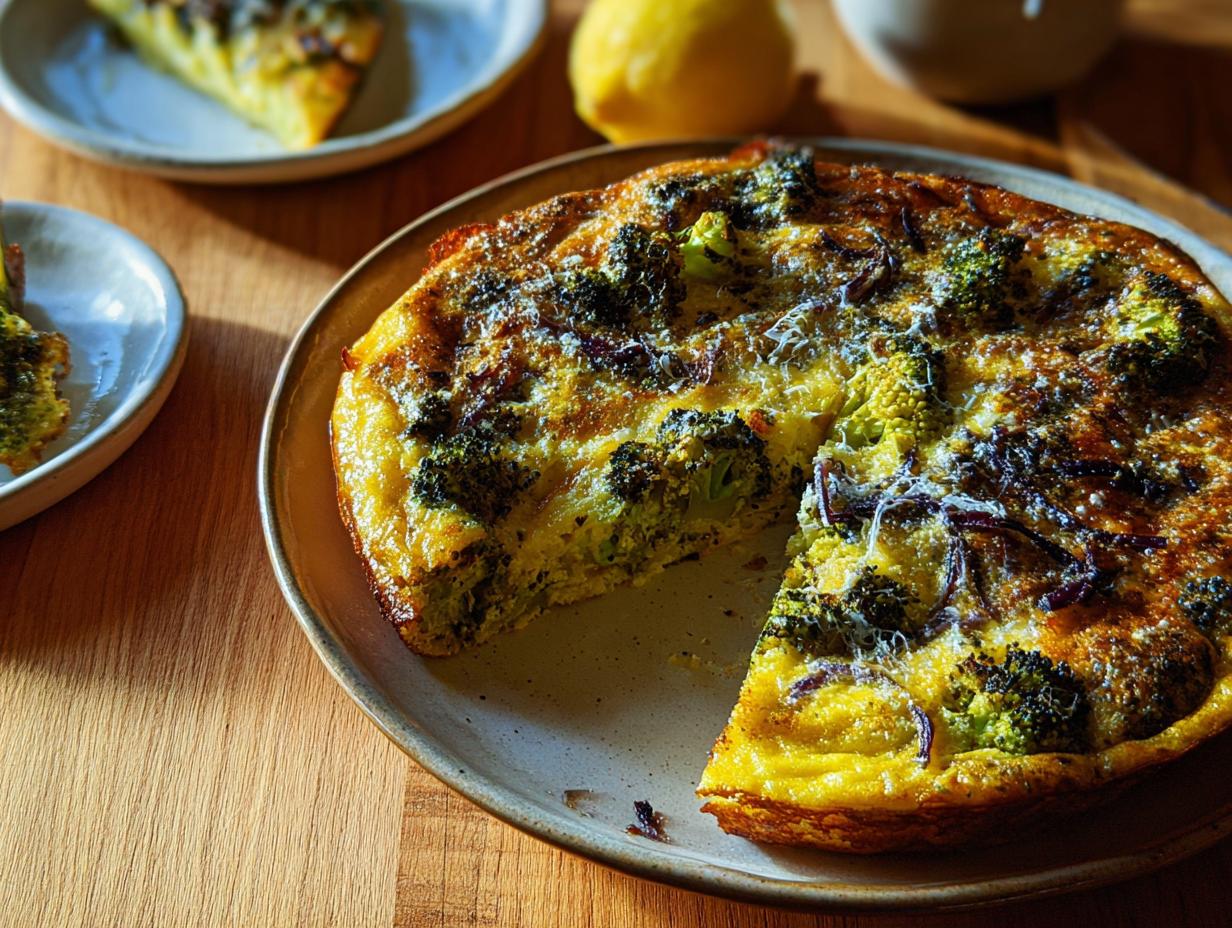 A golden-brown frittata with broccoli florets and red onion slices, a slice removed, showcasing one of 25 Genius Egg Recipes.