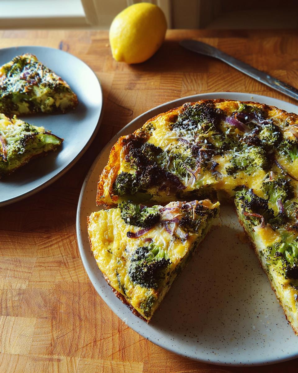 A slice of broccoli and red onion frittata, part of 25 Genius Egg Recipes Ideas for Busy Weeknights.