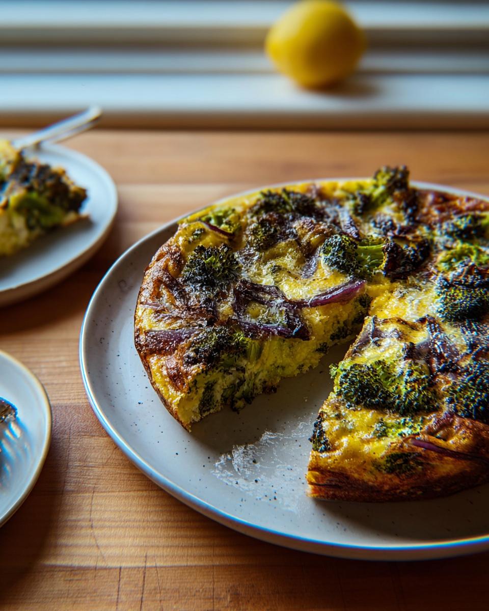 A slice of a golden-brown frittata with broccoli florets and red onion, part of 25 Genius Egg Recipes.