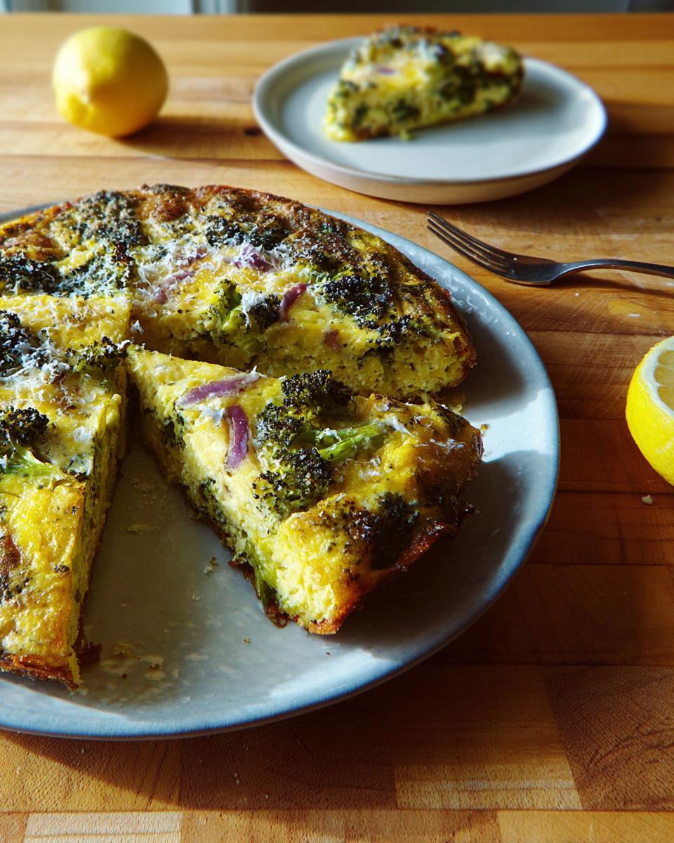 A slice of broccoli and red onion frittata, a delicious egg recipe, on a plate with a lemon in the background.