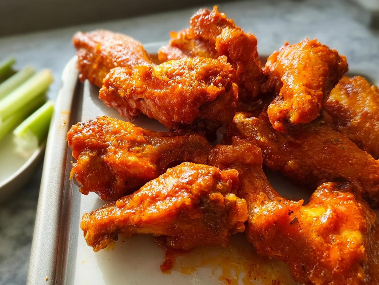 Close-up of a plate of delicious, saucy buffalo chicken wings with celery sticks in the background.