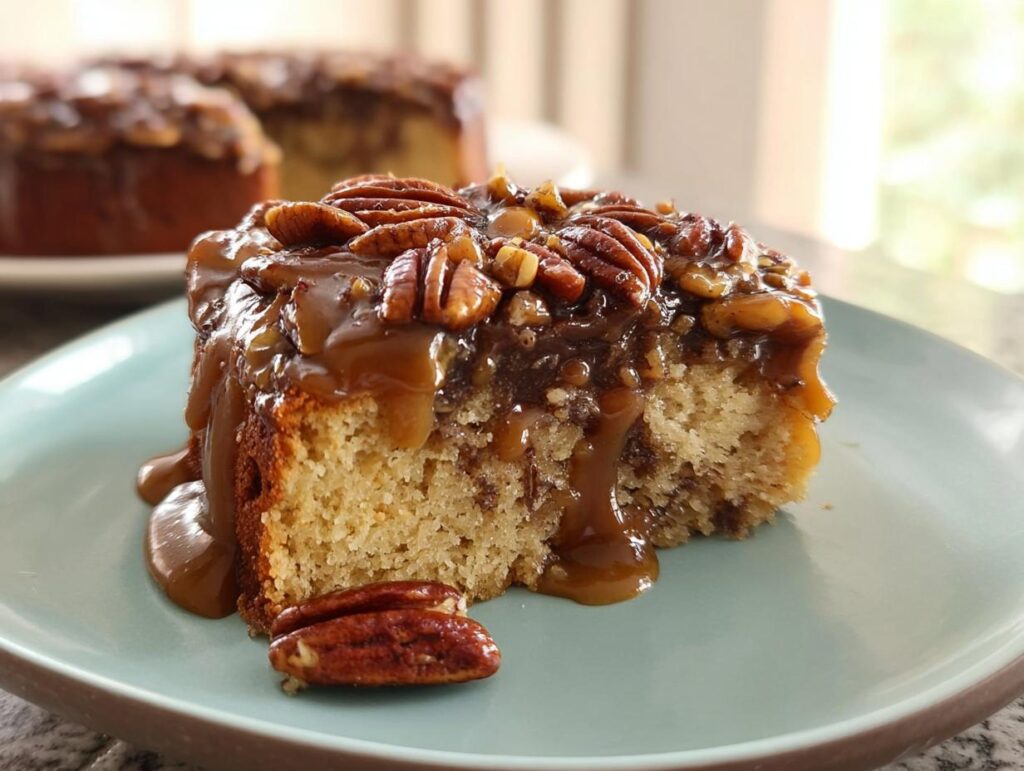 A slice of moist caramel pecan cake, generously topped with gooey caramel sauce and whole pecans.
