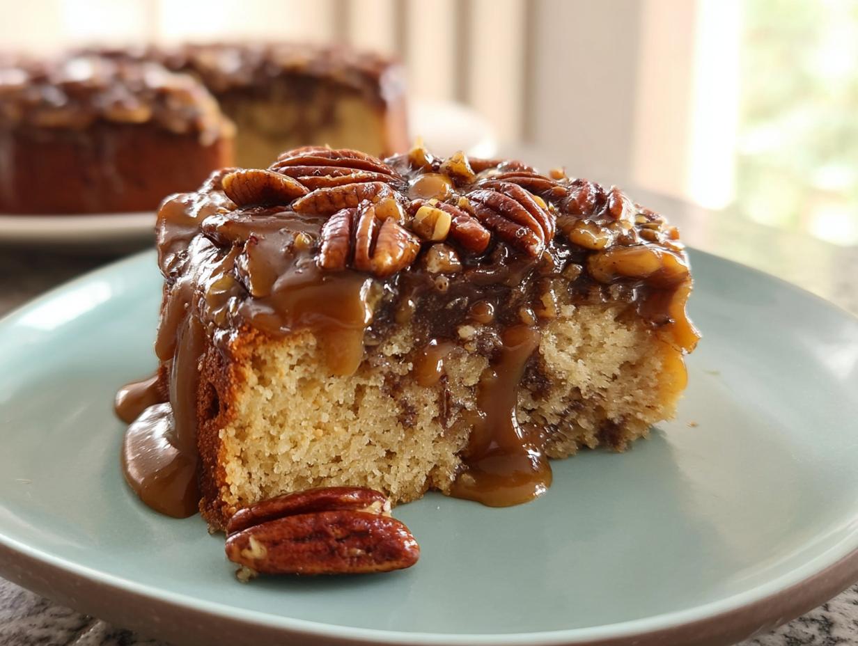 A slice of moist caramel pecan cake, generously topped with gooey caramel sauce and whole pecans.