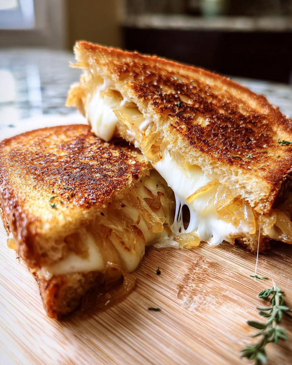 A close-up of a perfectly grilled cheese sandwich, cut in half, revealing melted cheese and caramelized onions.