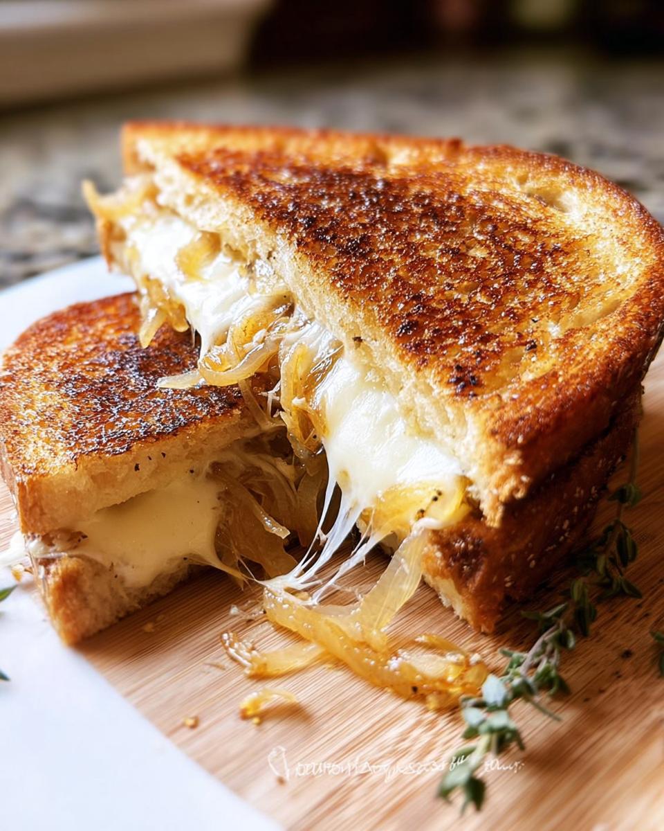 A close-up of a perfectly grilled cheese sandwich with caramelized onions and melted cheese oozing out.