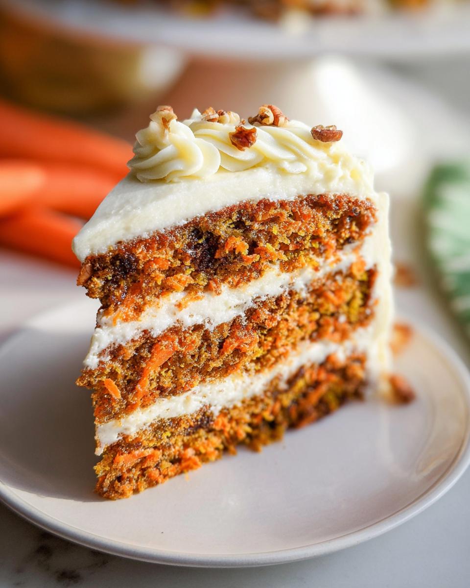 A slice of moist carrot cake with cream cheese frosting and chopped pecans, showcasing layers of cake and frosting.