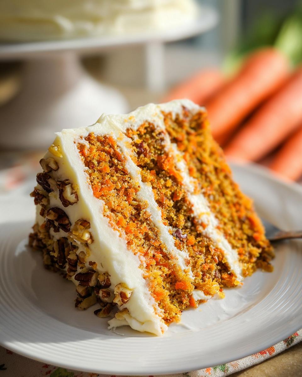 A slice of moist carrot cake with cream cheese frosting and chopped pecans, part of our cake ideas recipes.
