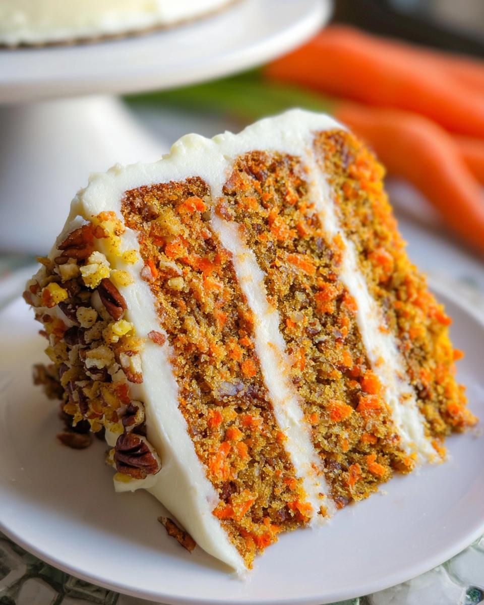 A slice of moist carrot cake with cream cheese frosting and chopped pecans, showcasing layers of spiced cake and frosting.