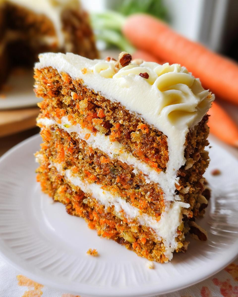 A moist slice of carrot cake with cream cheese frosting, topped with chopped nuts.