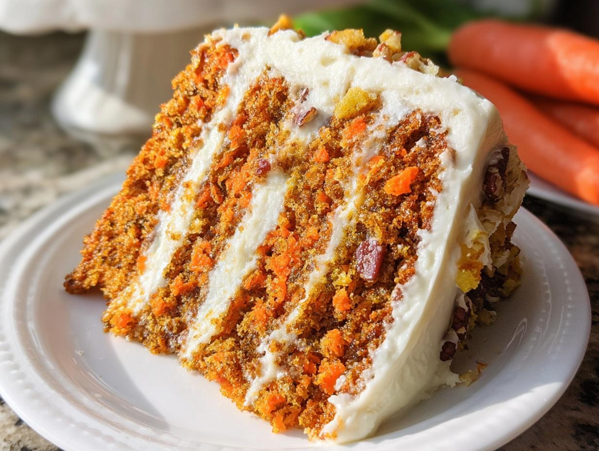 A delicious slice of carrot cake with cream cheese frosting and chopped nuts, showcasing layers of moist cake and frosting.