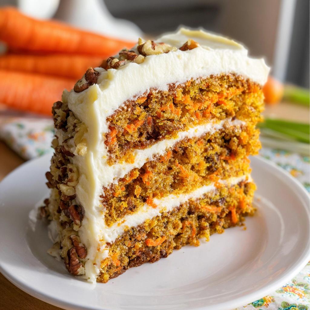 A decadent slice of carrot cake with cream cheese frosting and chopped pecans, showcasing layers of moist cake and frosting.