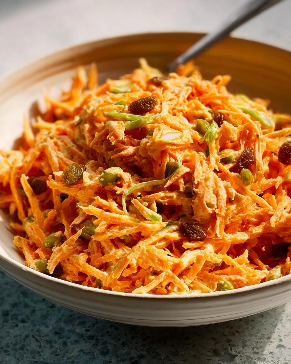 Close-up of a vibrant carrot salad with raisins and green onions, perfect for veggie sides recipes.