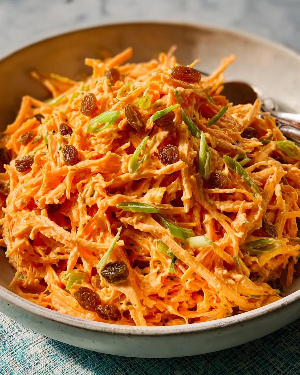 Close-up of a bowl of shredded carrot salad with raisins and green onions, part of Veggie Sides Recipes in 15 Minutes.