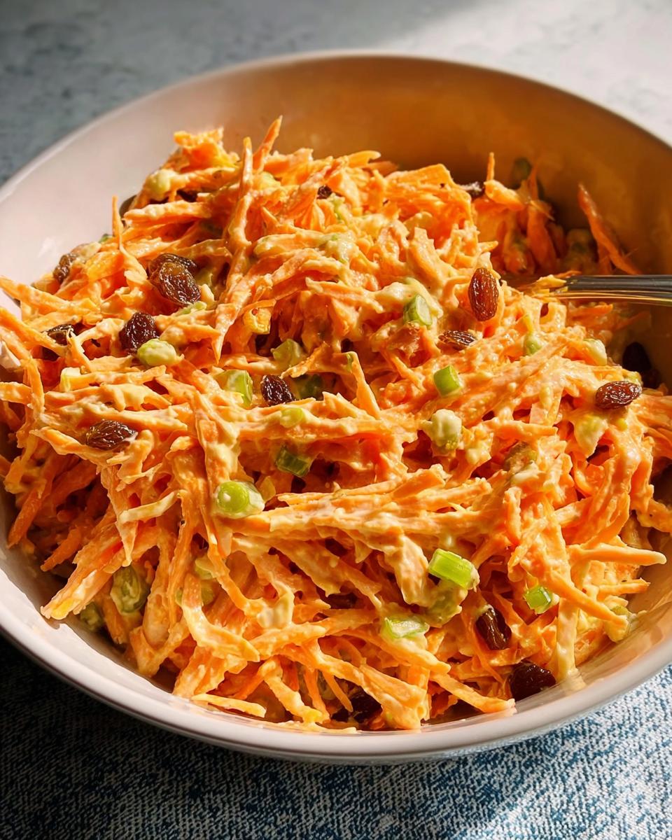 A bowl of creamy carrot salad with raisins and green onions, perfect for quick veggie sides recipes.