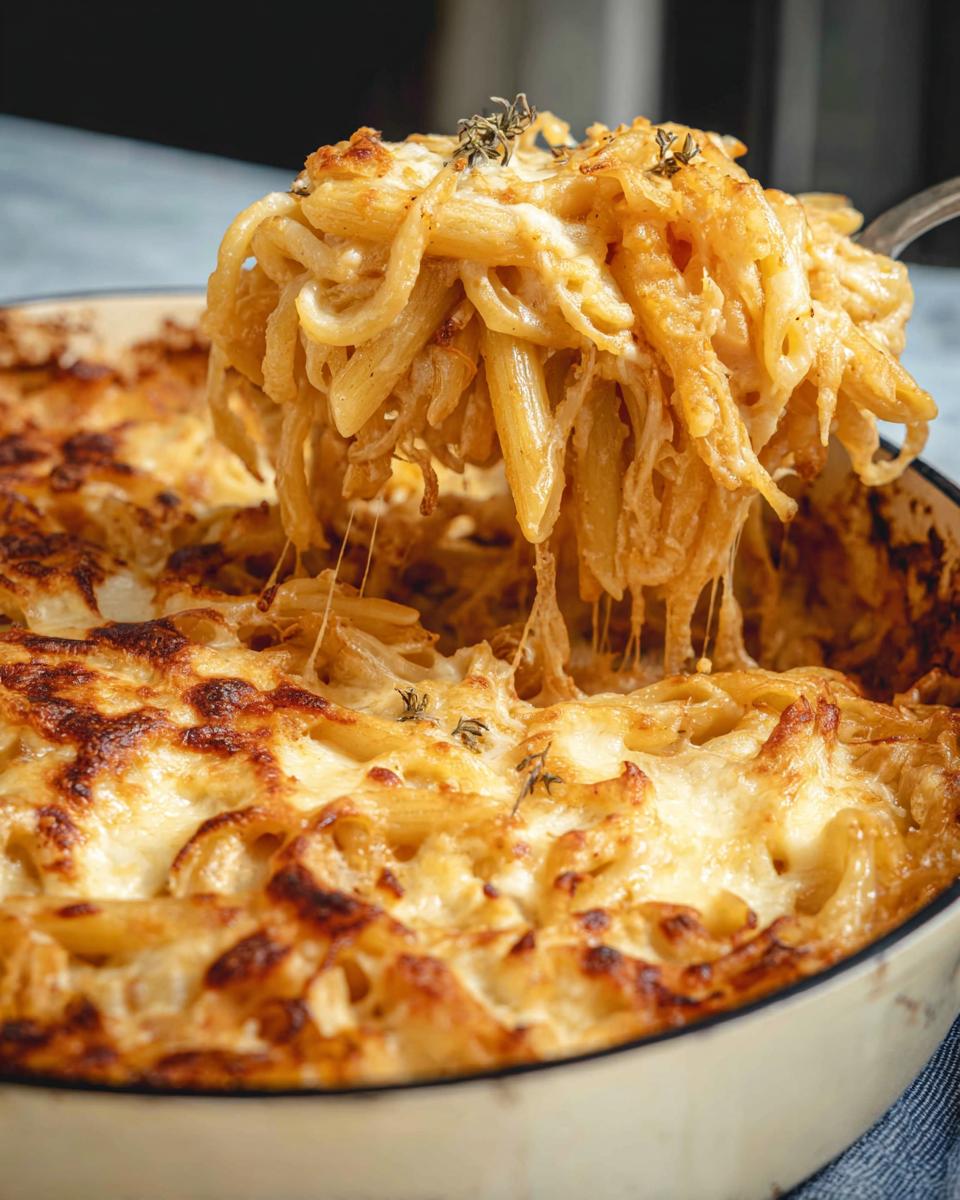 A serving spoon lifts a portion of cheesy baked pasta from a casserole dish, showing melted cheese strings.