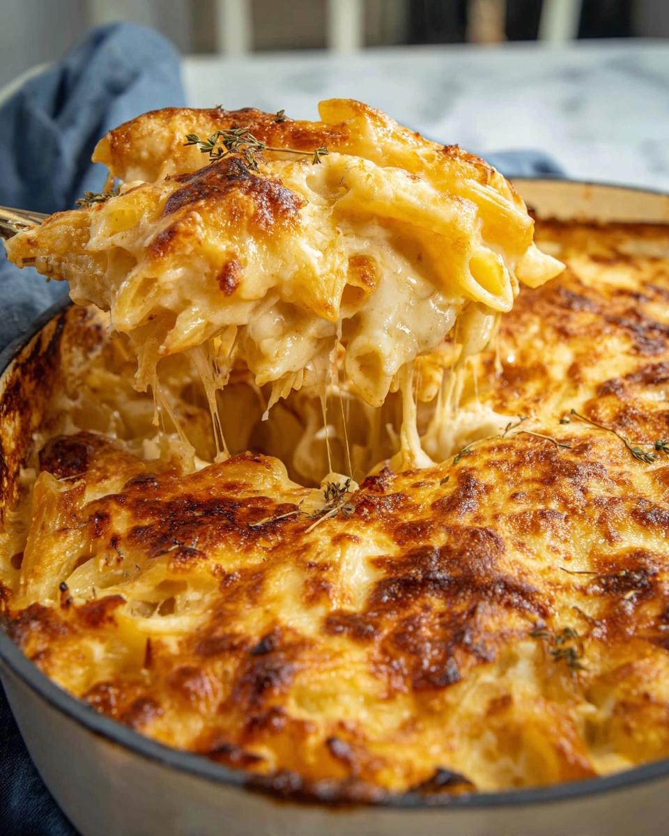 A scoop of cheesy baked pasta being lifted from a casserole dish, showing melted cheese strings.