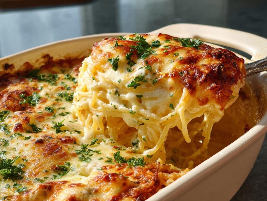 A serving spoon lifts a cheesy portion of baked spaghetti casserole, showcasing melted cheese and fresh parsley. A perfect pasta recipe.