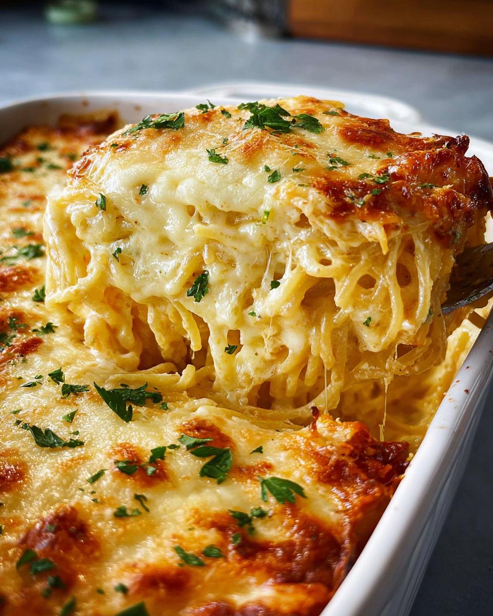 A scoop of cheesy baked spaghetti being lifted from a white casserole dish, garnished with parsley.