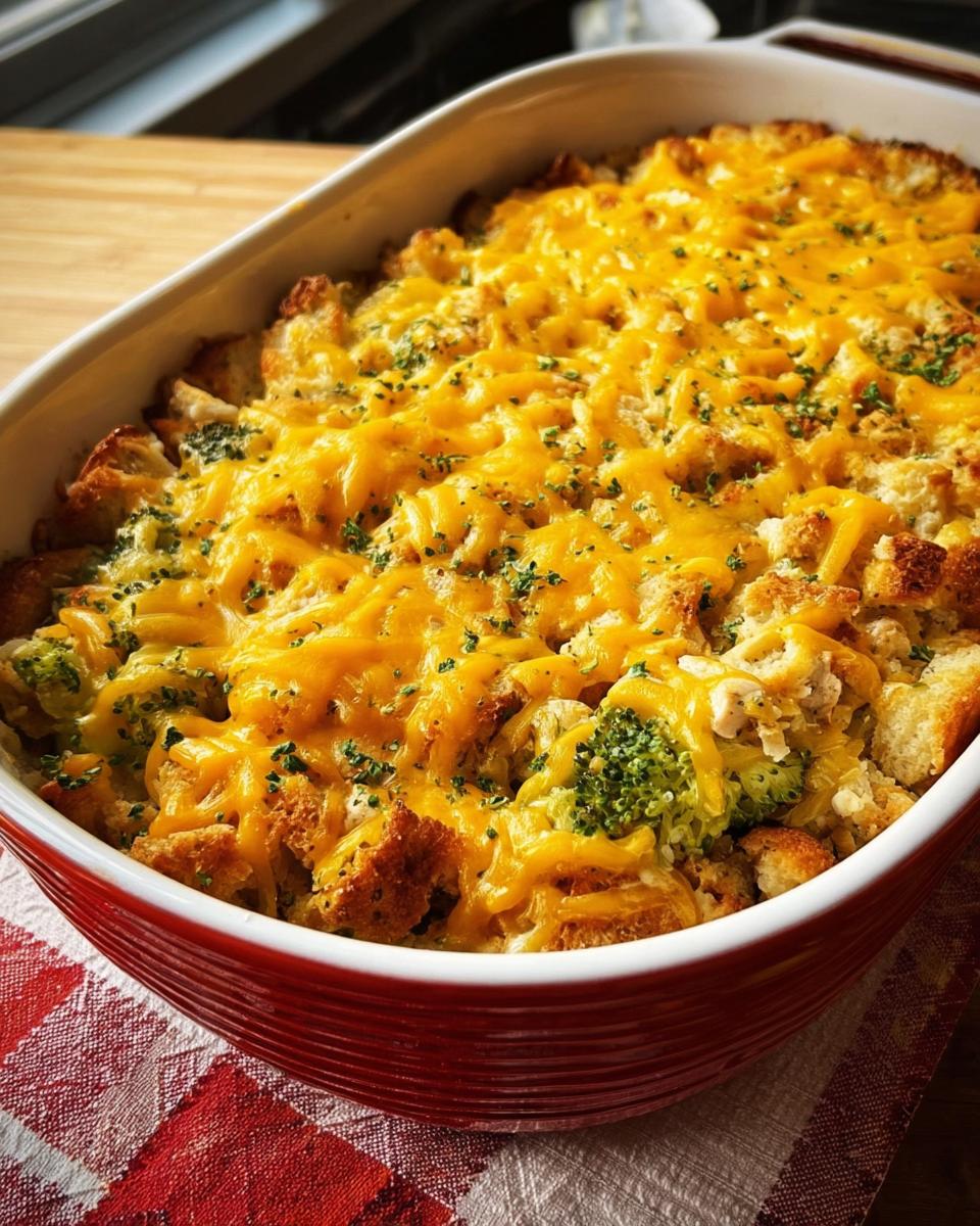 A close-up of a cheesy chicken broccoli casserole in a red baking dish, topped with melted cheddar and parsley.