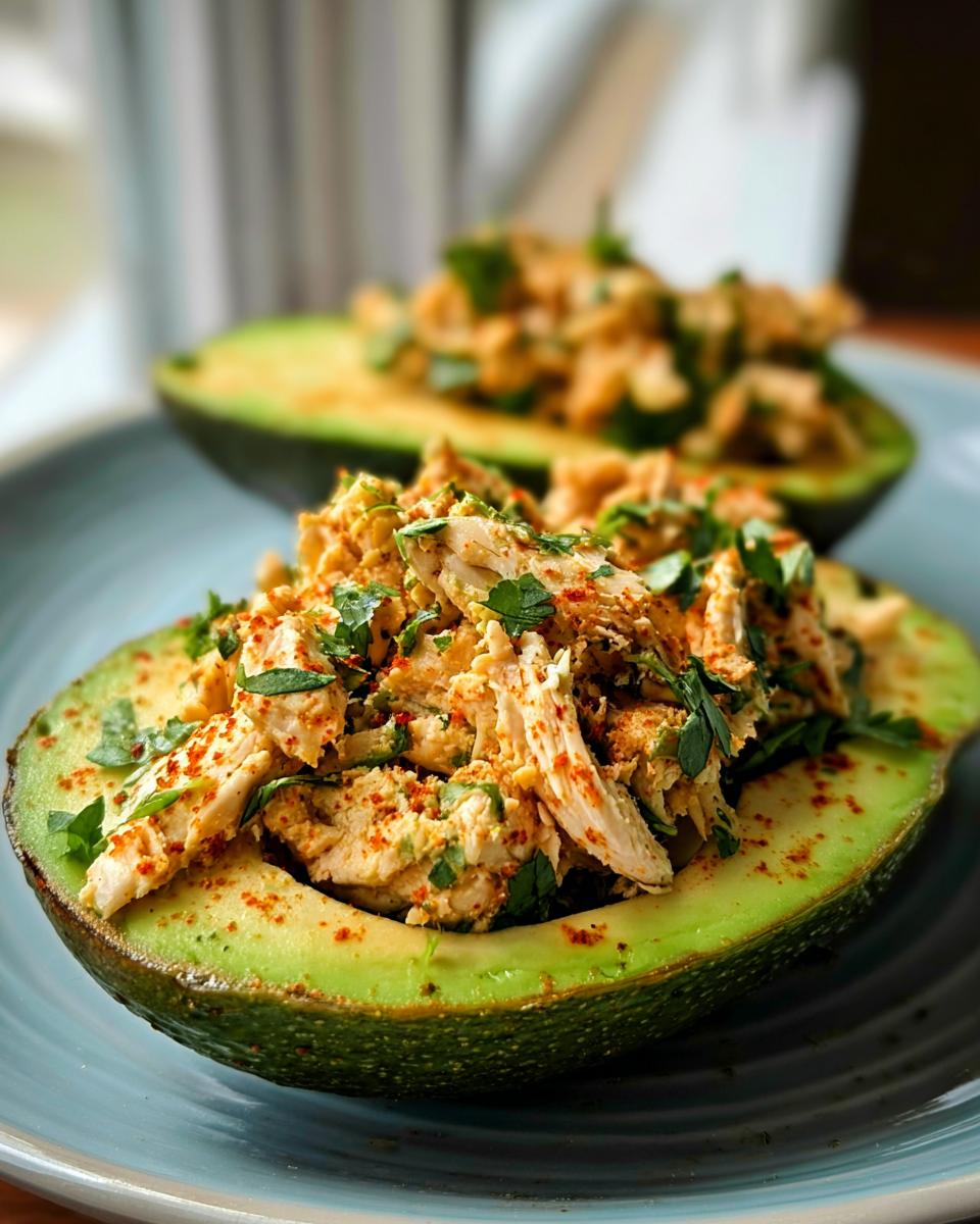 Two halves of avocado filled with shredded chicken salad, sprinkled with paprika and parsley. A quick sandwich idea.