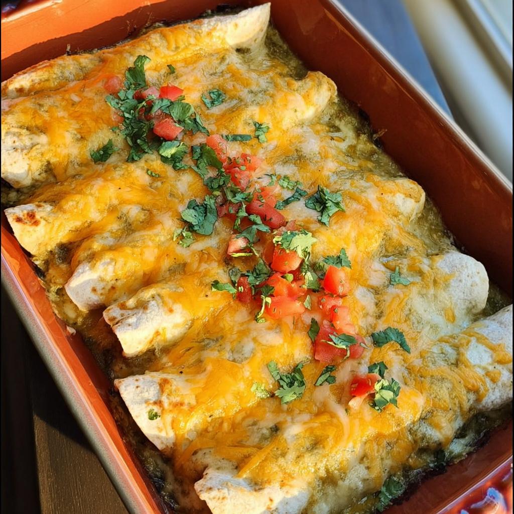 A baking dish filled with cheesy chicken enchiladas topped with salsa verde, melted cheddar cheese, and fresh cilantro.
