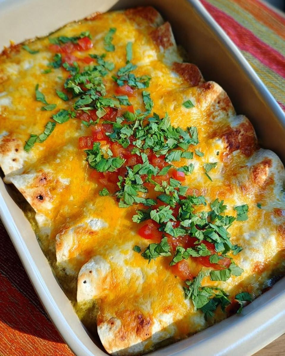 A baking dish filled with cheesy chicken enchiladas topped with diced tomatoes and cilantro.