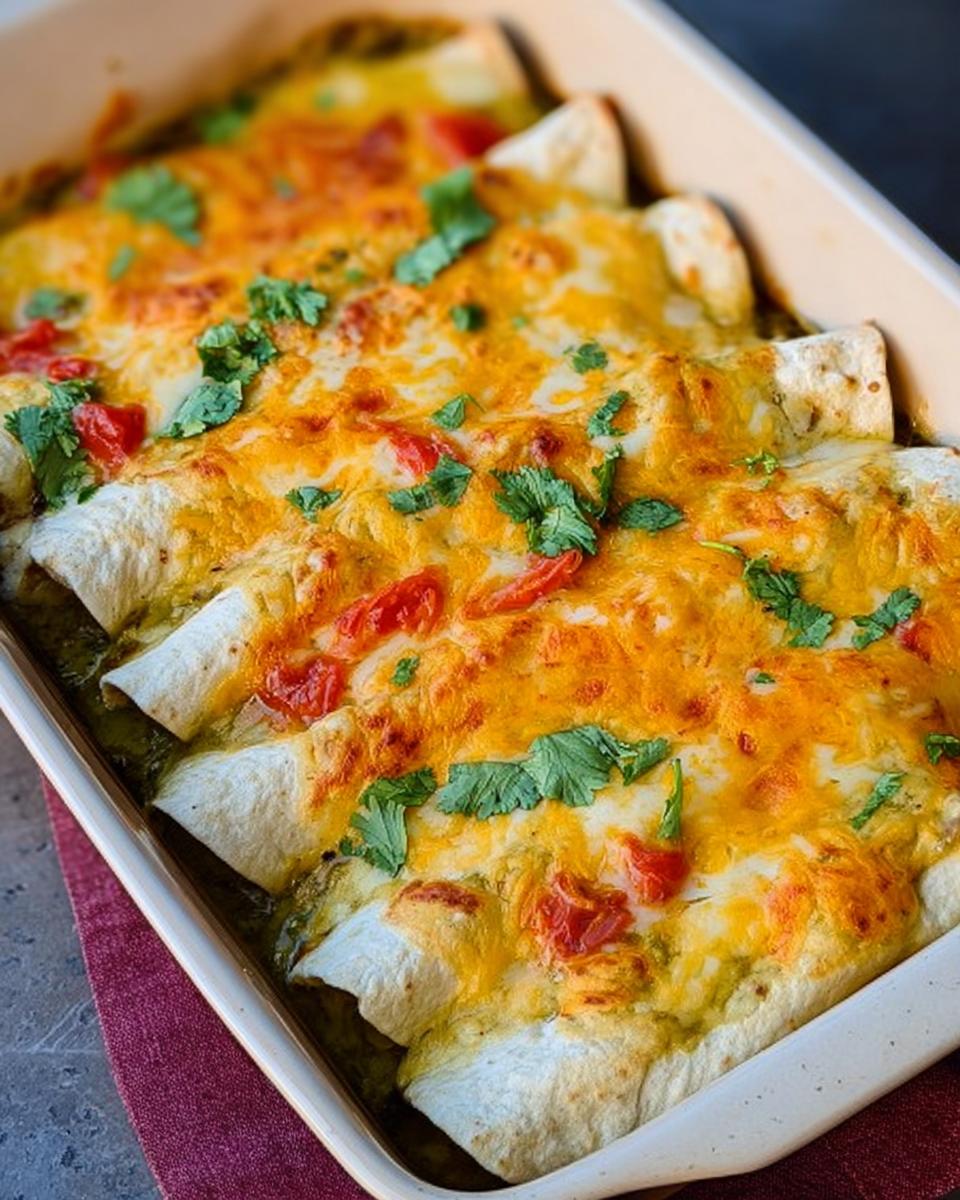 Close-up of baked chicken enchiladas covered in melted cheese and topped with cilantro.