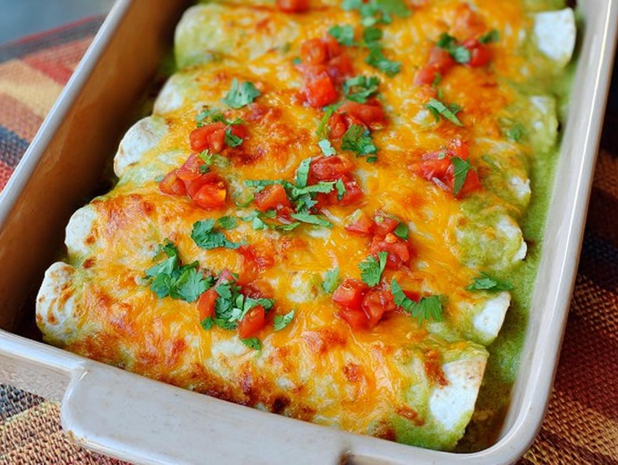 Close-up of chicken enchiladas in a baking dish, topped with melted cheese, salsa verde, diced tomatoes, and cilantro.
