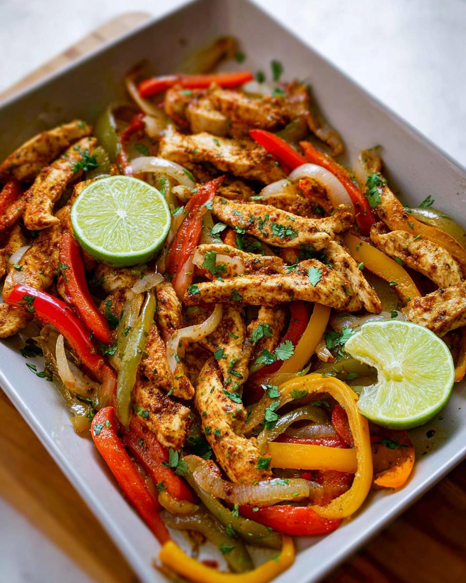 A colorful skillet of chicken fajitas with sliced bell peppers, onions, and lime wedges, a perfect weeknight chicken recipe.