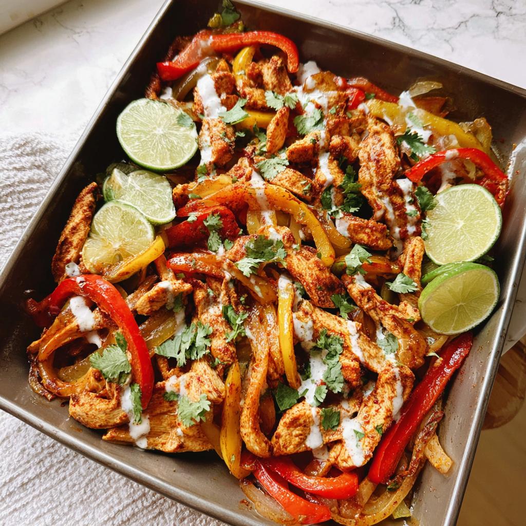 A close-up of colorful chicken fajitas with bell peppers and onions in a baking pan, drizzled with sauce and garnished with lime and cilantro.