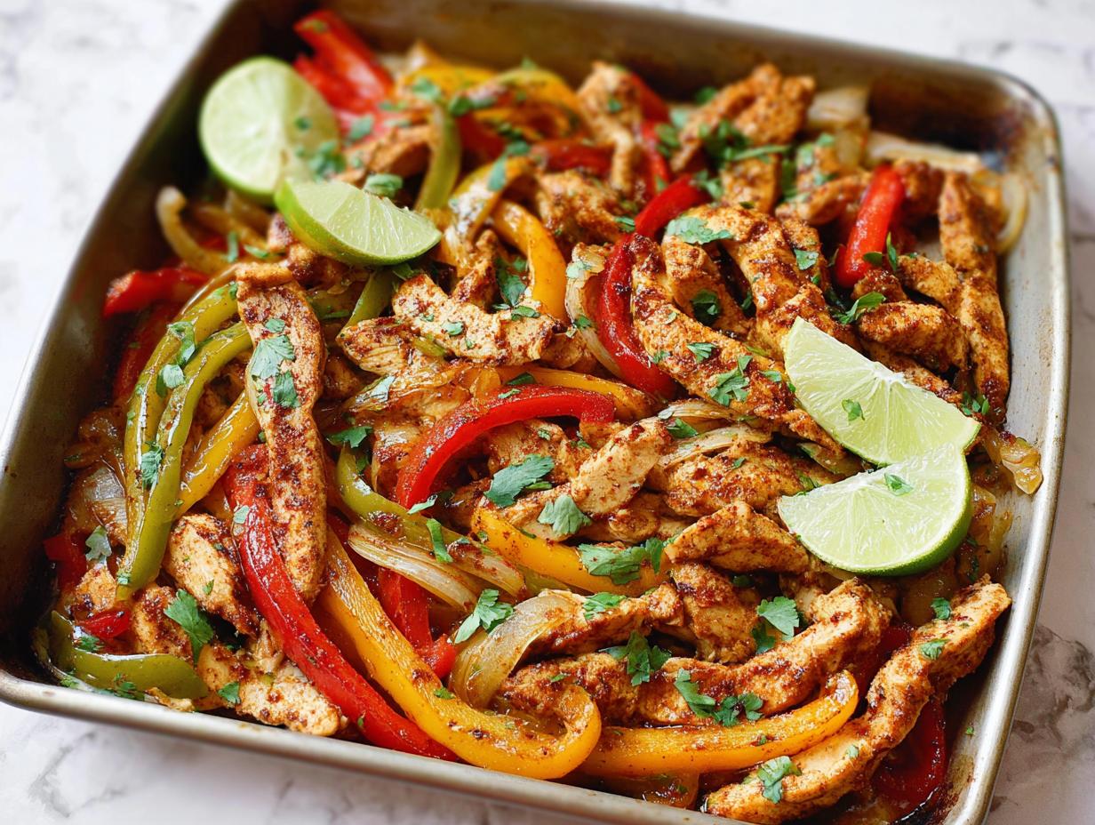 Close-up of colorful chicken fajitas with bell peppers and onions, garnished with lime and cilantro.