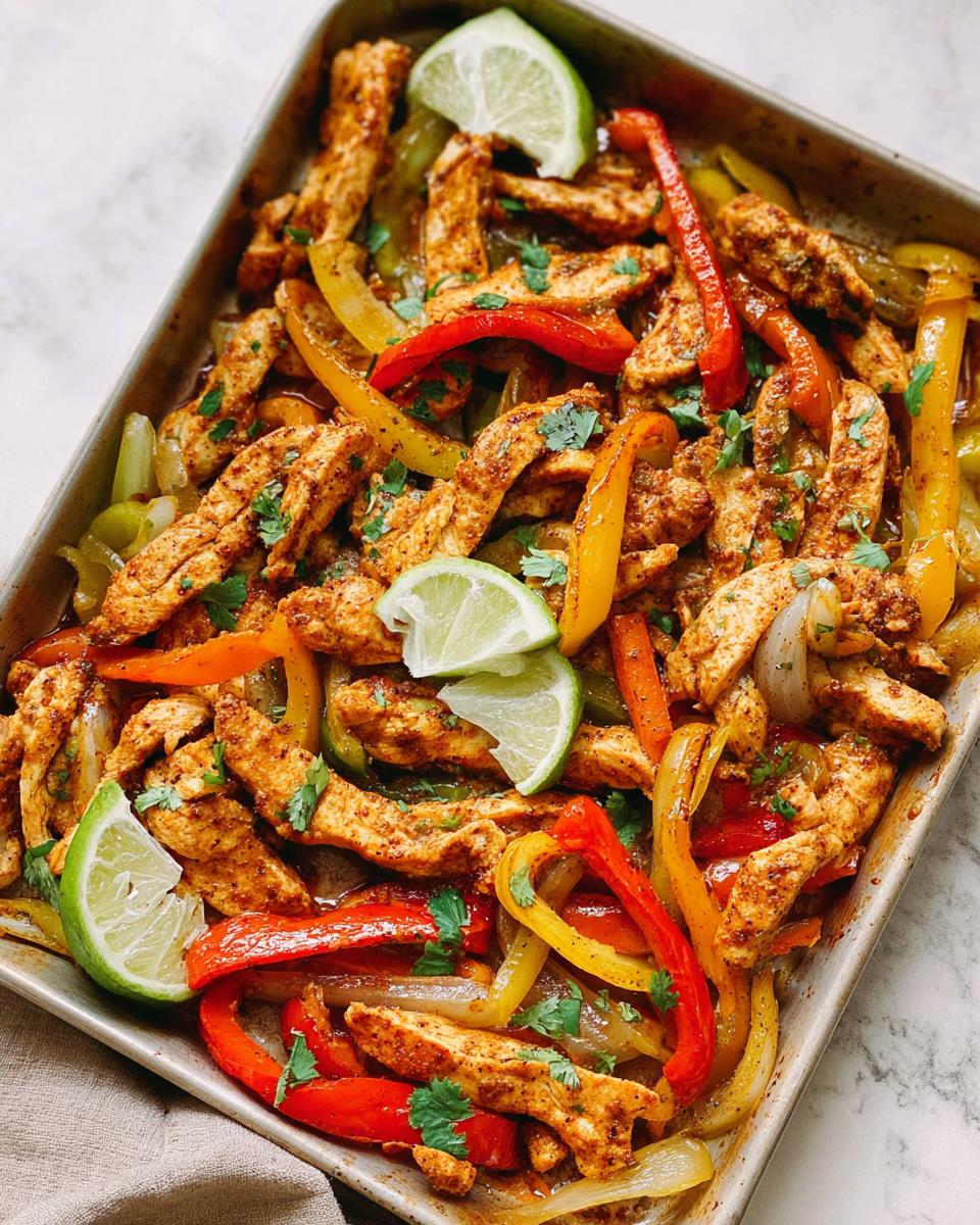 Close-up of colorful chicken fajitas with bell peppers and onions on a baking sheet, garnished with lime and cilantro.
